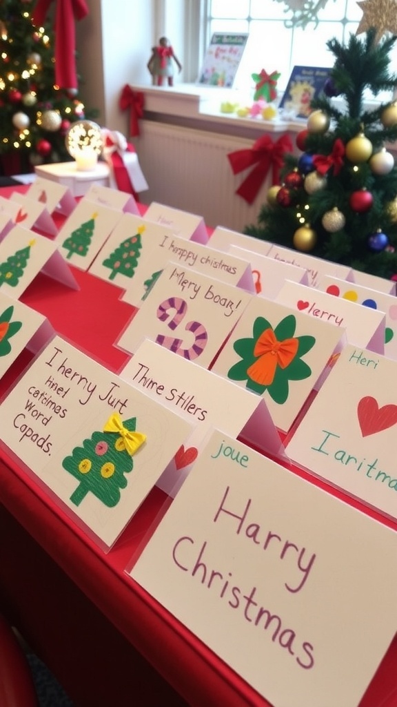 A collection of handmade Christmas cards by toddlers, decorated with drawings and stickers on a festive table.